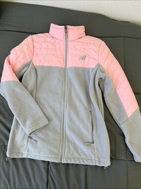 New Balance Pink and Gray Quilted-Sleeve Fleece Jacket